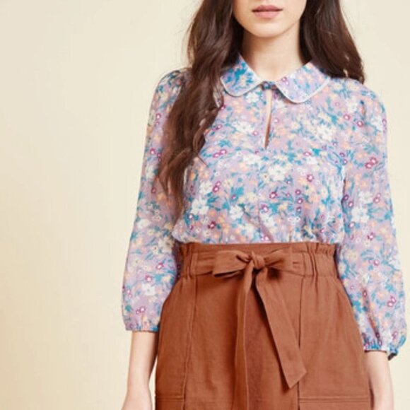 ModCloth Floral Purple Chiffon Blouse with Peter Pan Collar Medium - Picture 2 of 7